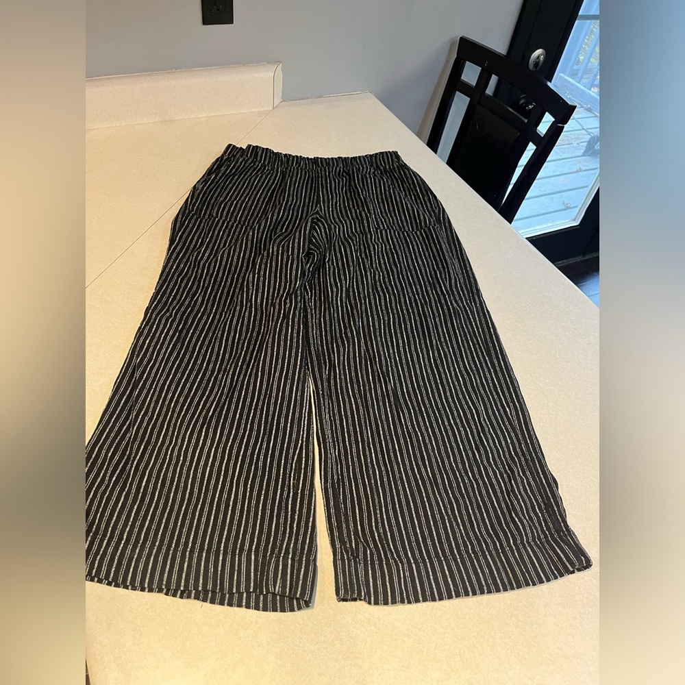 Black and grey striped soft linen material wide legs pants
